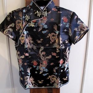 CHINESE CHEONGSAM SHORT SLEEVE QIPAO Shirt Brocade Dragons/Birds Tang Yi 36 S/M